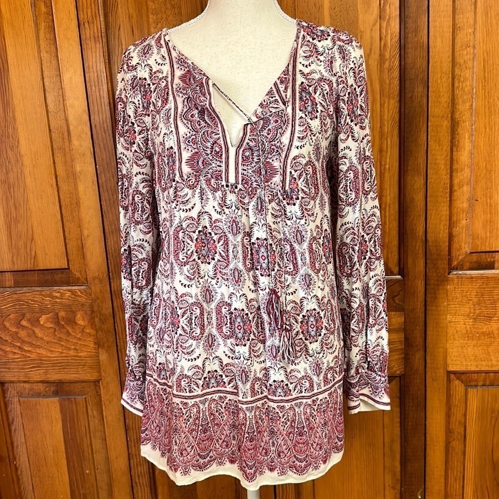 Max Studio Boho V-Neck Long-sleeved Popover Rayon Paisley Print Blouse Size Med